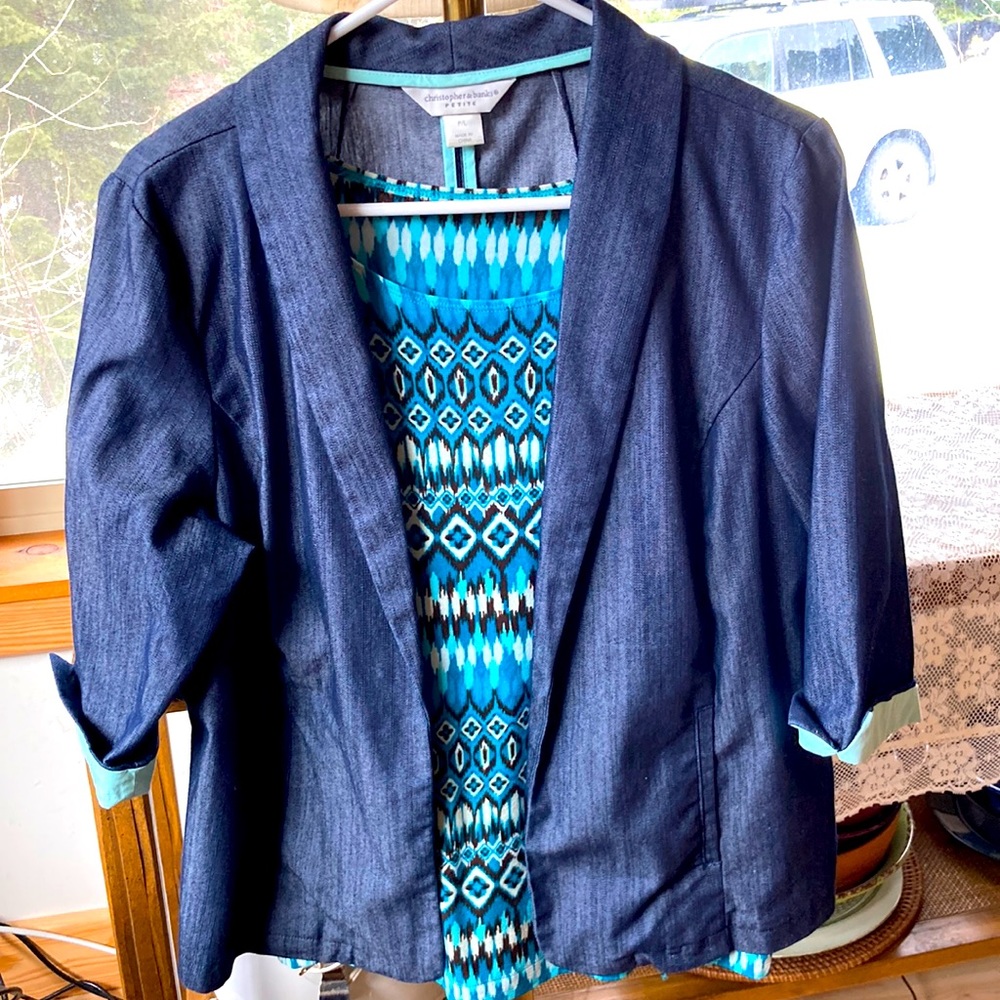 Blue-jean pattern Blazer with Teal accents & Teal/Brown Top- Christopher & Banks